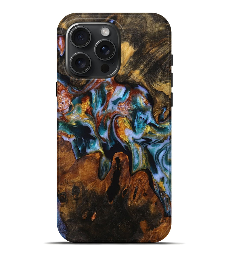 iPhone 16 Pro Max Wood Live Edge Phone Case - Liese (Teal & Gold, 727690)