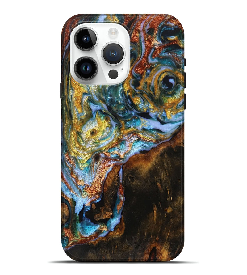 iPhone 15 Pro Max Wood Live Edge Phone Case - Marius (Teal & Gold, 727691)