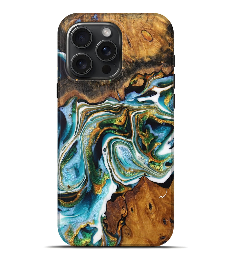 iPhone 16 Pro Max Wood Live Edge Phone Case - Follick (Teal & Gold, 728135)