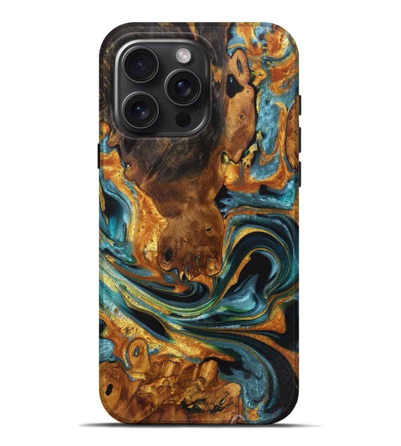 iPhone 16 Pro Max Wood Live Edge Phone Case - Romola (Teal & Gold, 728137)