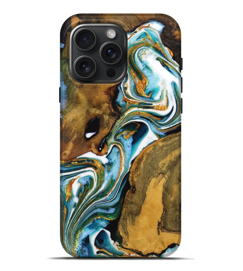 iPhone 16 Pro Max Wood Live Edge Phone Case - Lenka (Teal & Gold, 728144)