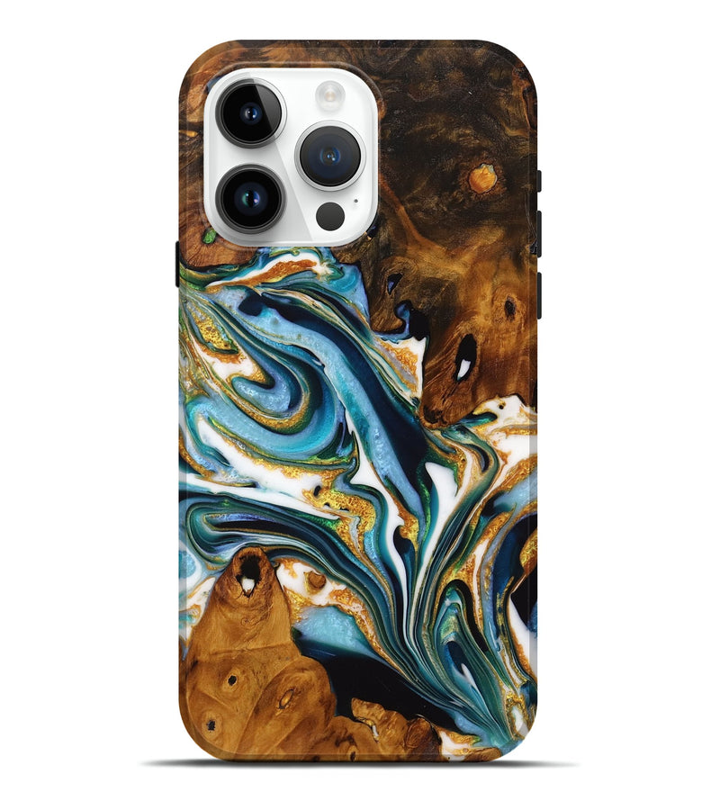 iPhone 15 Pro Max Wood Live Edge Phone Case - Moon (Teal & Gold, 728145)