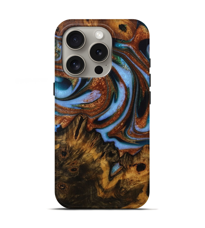 iPhone 16 Pro Wood Live Edge Phone Case - YikHon (Teal & Gold, 728171)