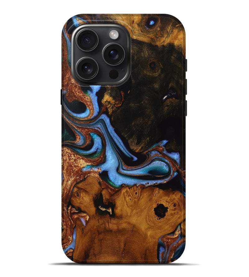 iPhone 16 Pro Max Wood Live Edge Phone Case - Dinh (Teal & Gold, 728172)