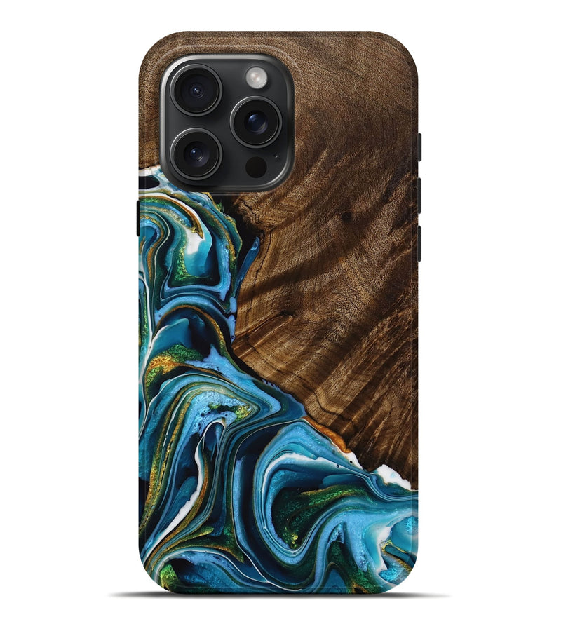 iPhone 16 Pro Max Wood Live Edge Phone Case - Gunda (Teal & Gold, 728527)