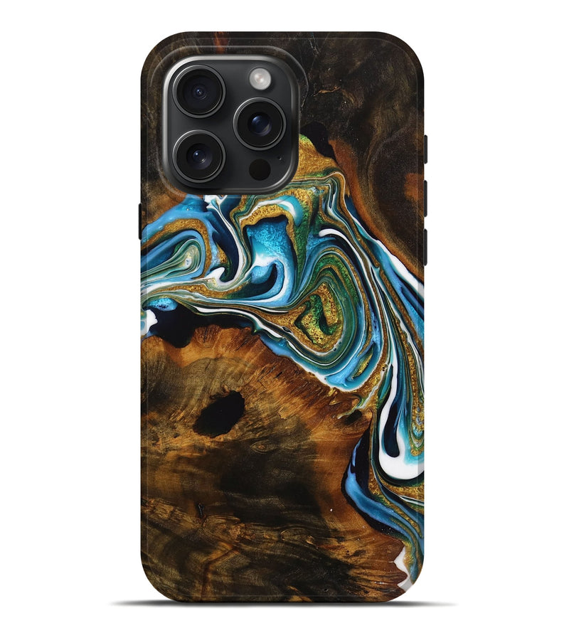 iPhone 16 Pro Max Wood Live Edge Phone Case - Solomon (Teal & Gold, 728528)