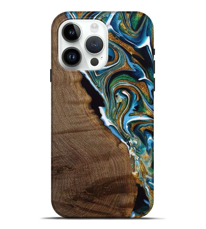 iPhone 15 Pro Max Wood Live Edge Phone Case - Misbah (Teal & Gold, 728541)