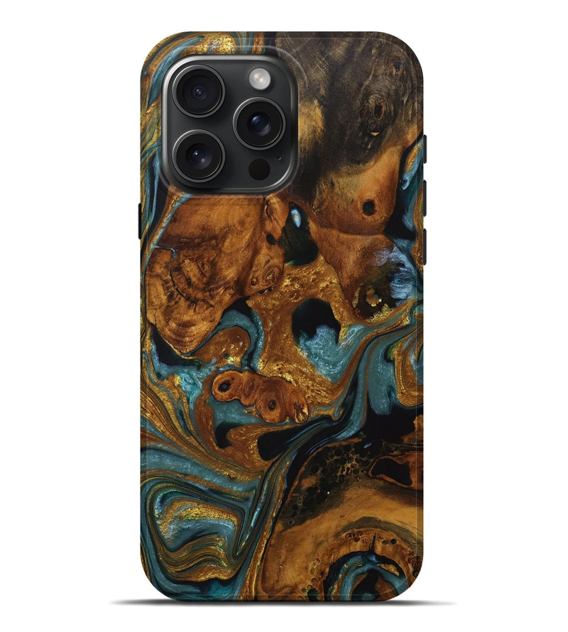 iPhone 16 Pro Max Wood Live Edge Phone Case - Jessa (Teal & Gold, 728879)