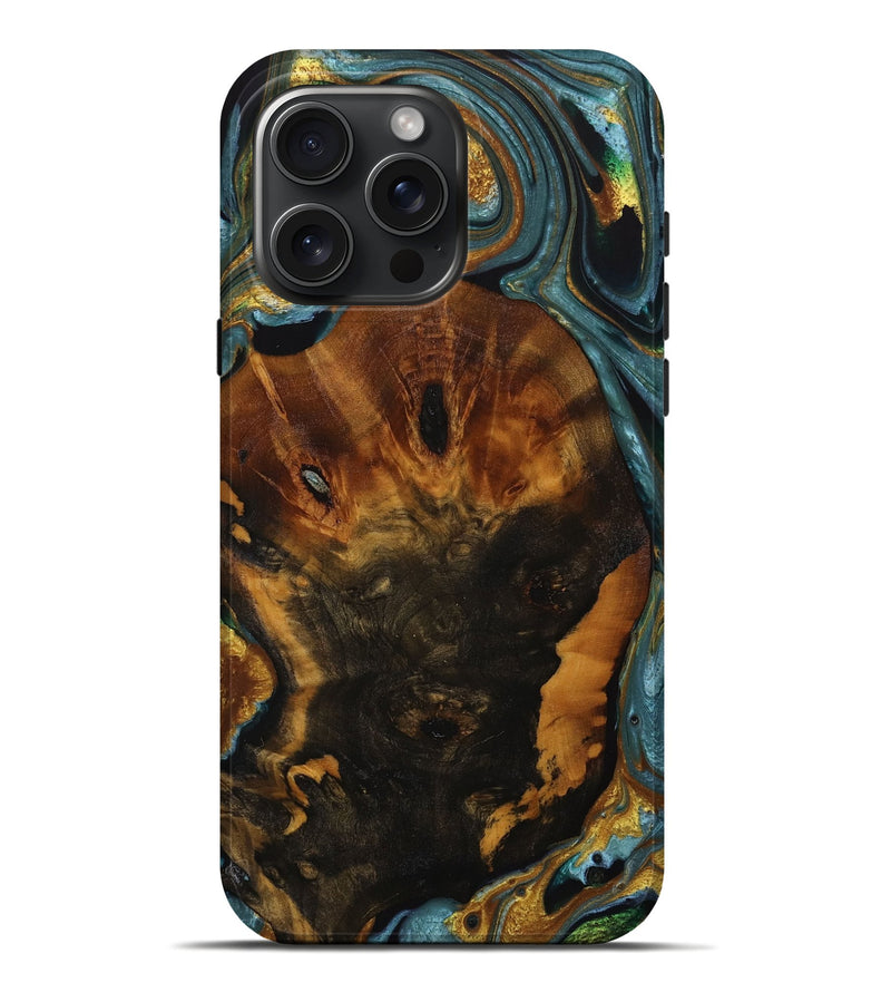 iPhone 16 Pro Max Wood Live Edge Phone Case - Krishnamurthy (Teal & Gold, 728886)