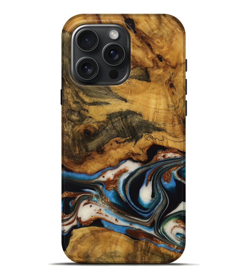 iPhone 16 Pro Max Wood Live Edge Phone Case - Eiji (Teal & Gold, 728975)