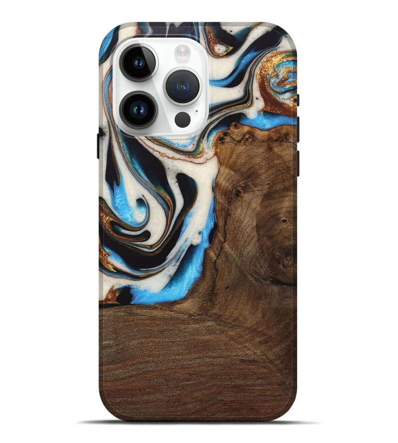 iPhone 15 Pro Max Wood Live Edge Phone Case - Lalla (Teal & Gold, 728978)