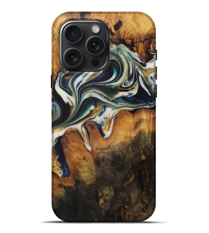 iPhone 16 Pro Max Wood Live Edge Phone Case - Joon (Teal & Gold, 728984)