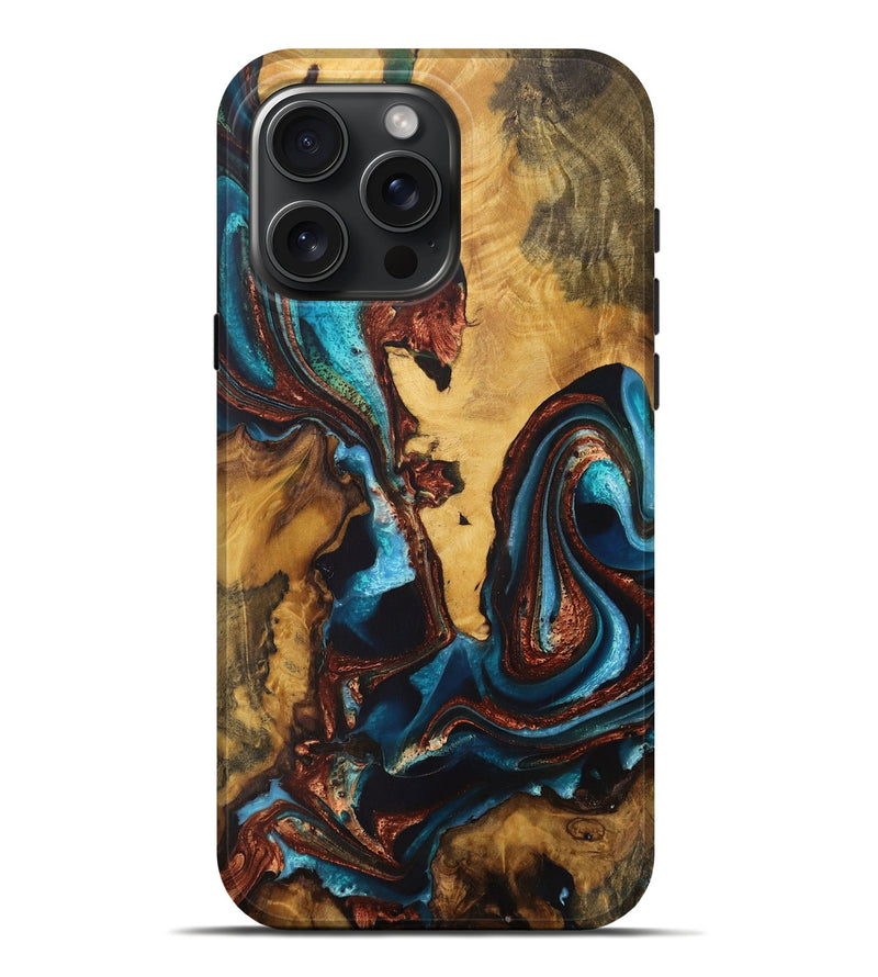 iPhone 16 Pro Max Wood Live Edge Phone Case - Rasheed (Teal & Gold, 728985)