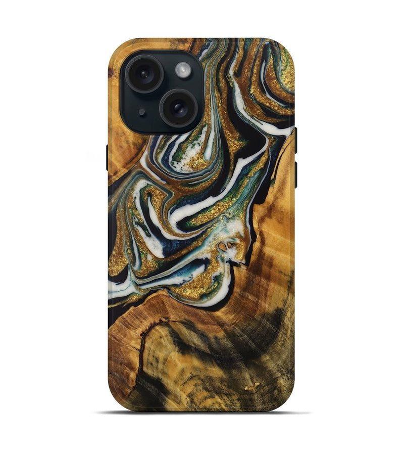 iPhone 15 Wood Live Edge Phone Case - Ardath (Teal & Gold, 728991)