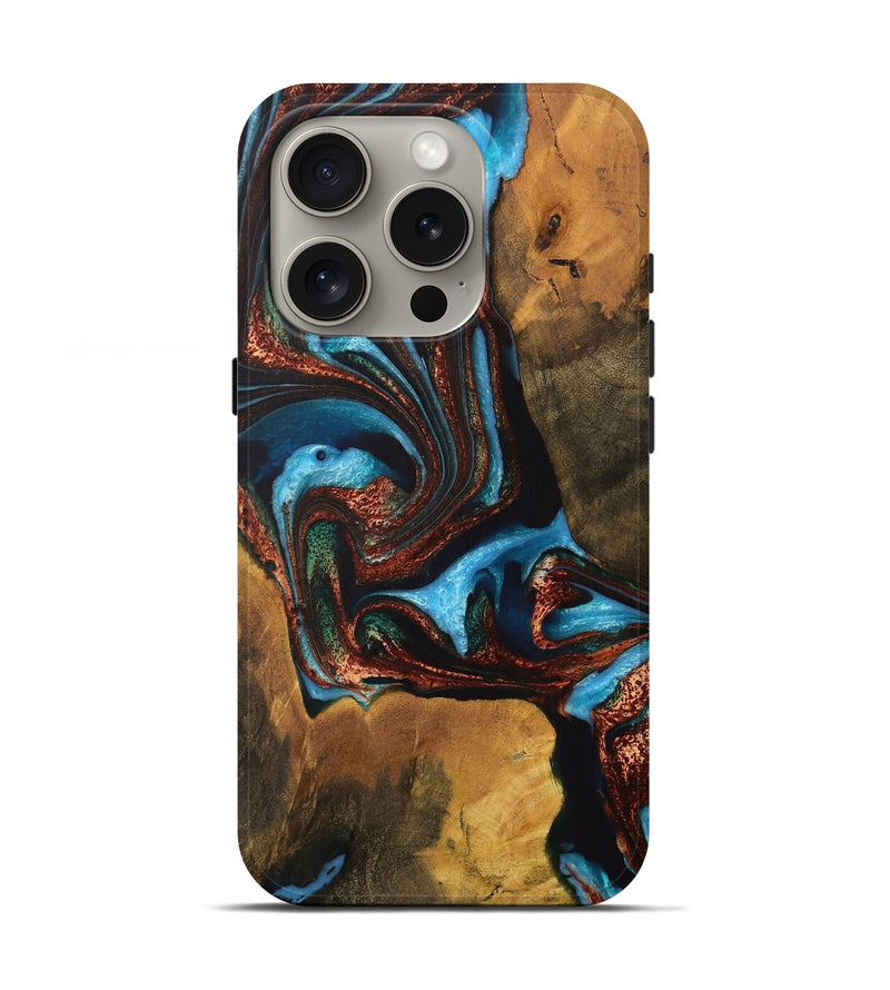 iPhone 16 Pro Wood Live Edge Phone Case - Laisha (Teal & Gold, 728994)