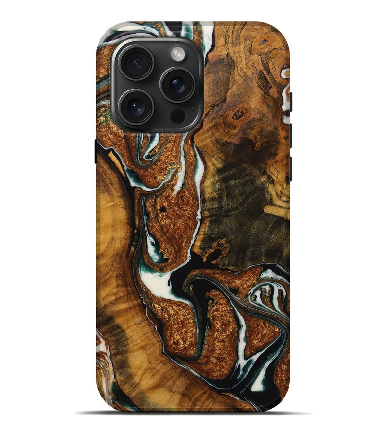 iPhone 16 Pro Max Wood Live Edge Phone Case - Maria (Teal & Gold, 729338)