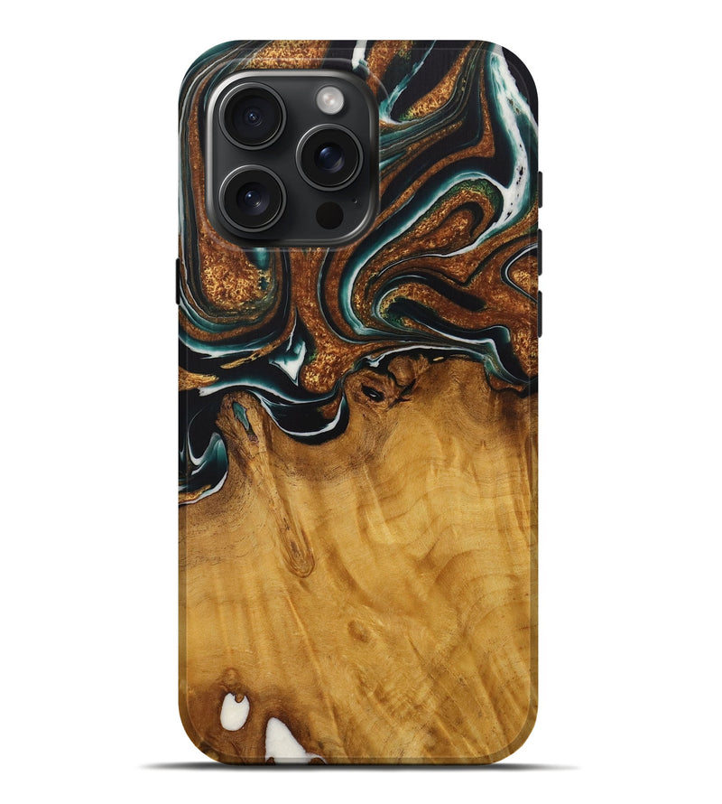 iPhone 16 Pro Max Wood Live Edge Phone Case - Breco (Teal & Gold, 729340)