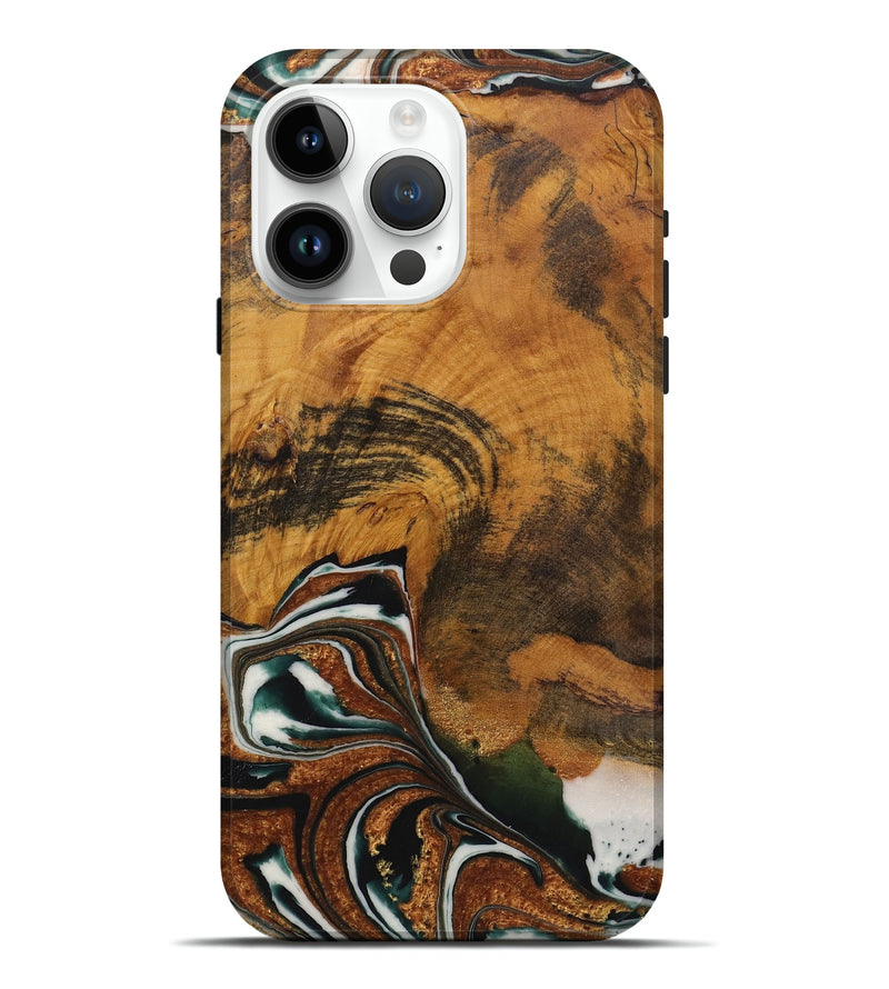 iPhone 15 Pro Max Wood Live Edge Phone Case - Scarlet (Teal & Gold, 729345)