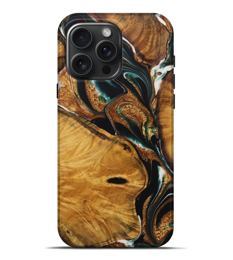 iPhone 16 Pro Max Wood Live Edge Phone Case - Yalonda (Teal & Gold, 729346)