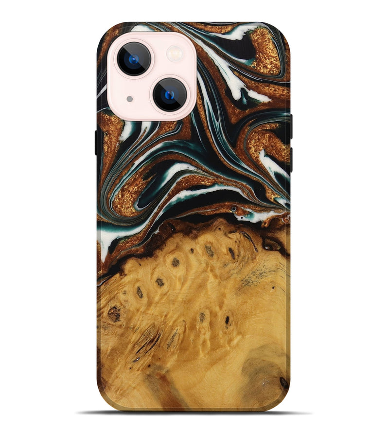 iPhone 14 Plus Wood Live Edge Phone Case - Pierre (Teal & Gold, 729350)