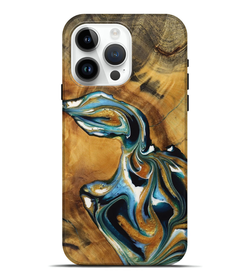 iPhone 15 Pro Max Wood Live Edge Phone Case - Charee (Teal & Gold, 729351)