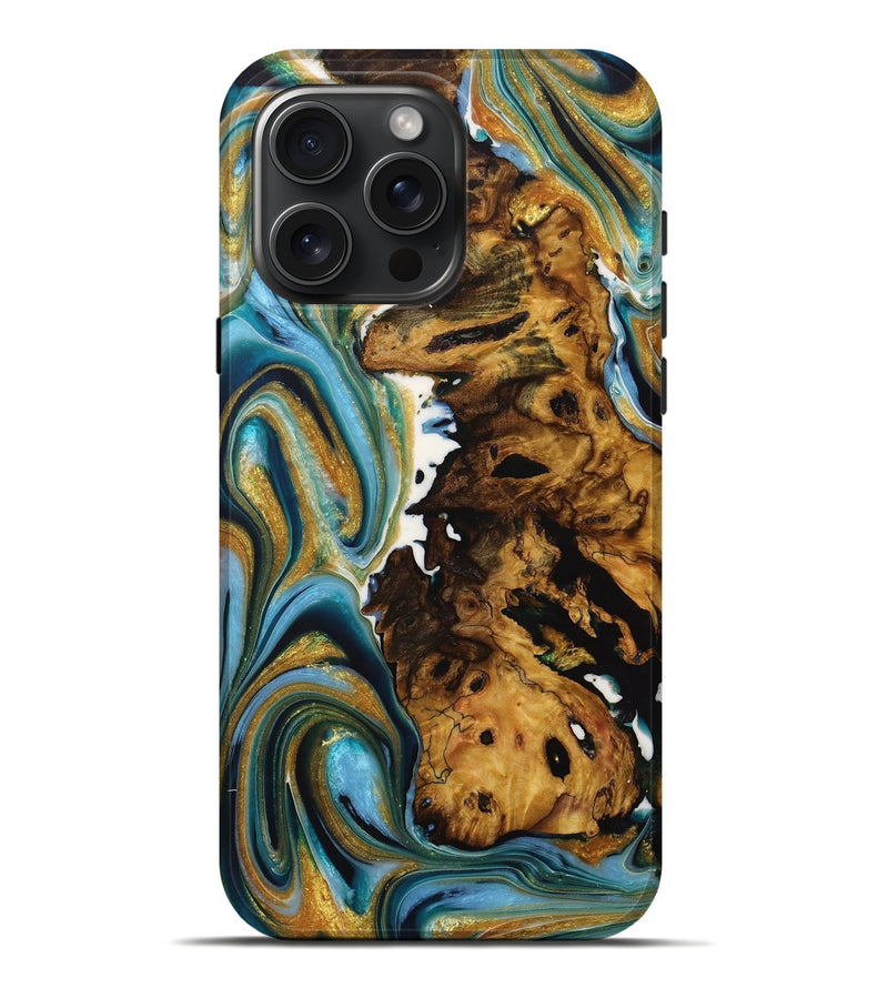 iPhone 16 Pro Max Wood Live Edge Phone Case - Orris (Teal & Gold, 729352)