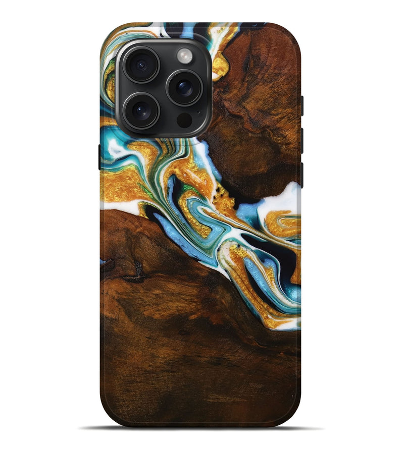 iPhone 16 Pro Max Wood Live Edge Phone Case - Lunix (Teal & Gold, 729354)