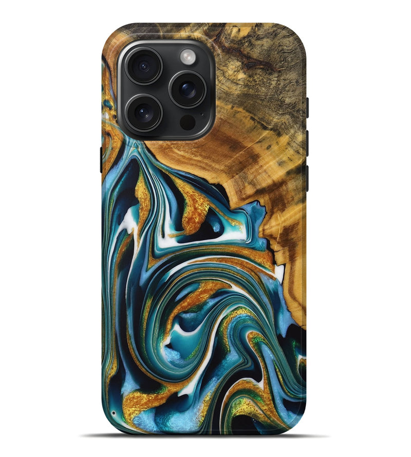 iPhone 16 Pro Max Wood Live Edge Phone Case - Aydin (Teal & Gold, 729356)