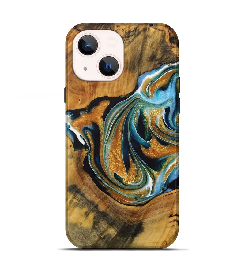 iPhone 13 Wood Live Edge Phone Case - Miquela (Teal & Gold, 729363)