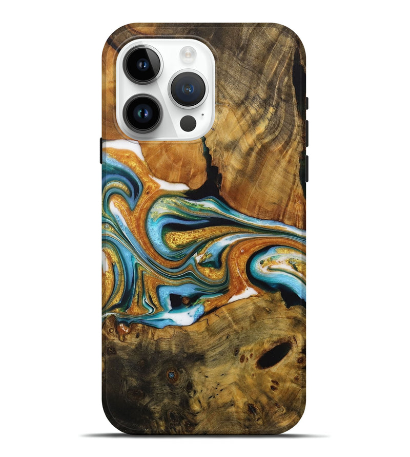 iPhone 15 Pro Max Wood Live Edge Phone Case - Jurek (Teal & Gold, 729364)
