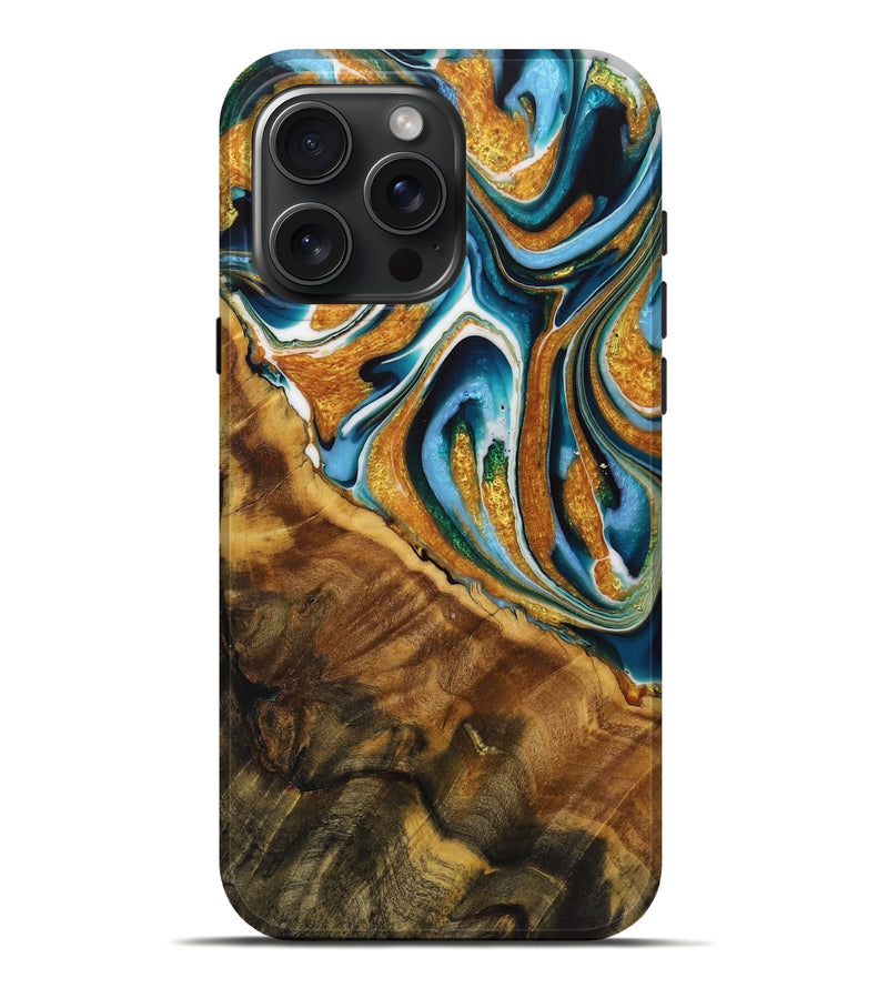 iPhone 16 Pro Max Wood Live Edge Phone Case - Messa (Teal & Gold, 729368)