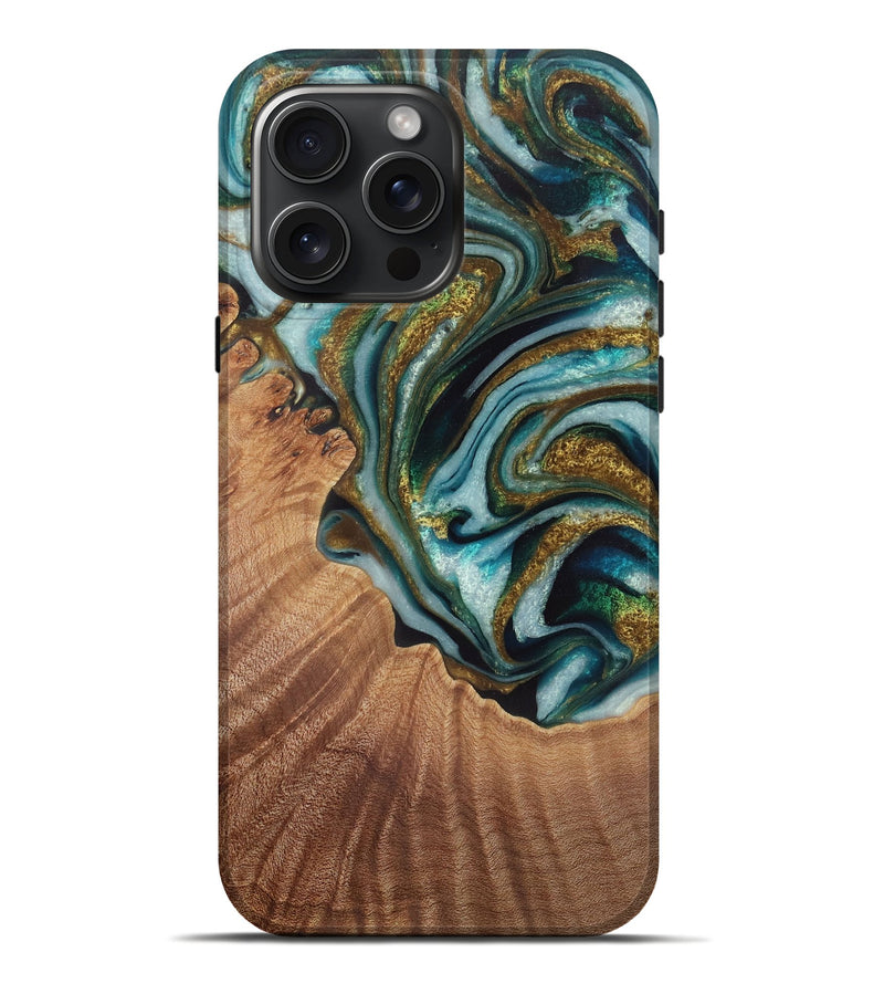 iPhone 16 Pro Max Wood Live Edge Phone Case - Etti (Teal & Gold, 729494)