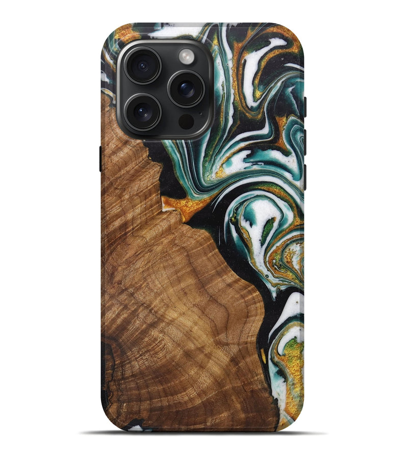 iPhone 16 Pro Max Wood Live Edge Phone Case - Charene (Teal & Gold, 729495)