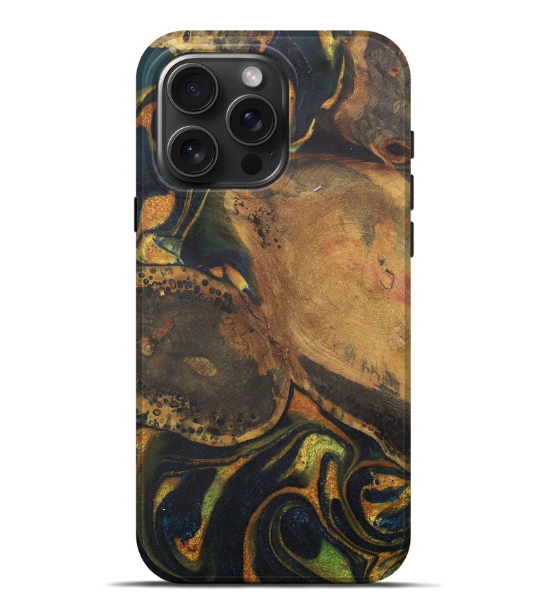iPhone 16 Pro Max Wood Live Edge Phone Case - Harlan (Teal & Gold, 729498)