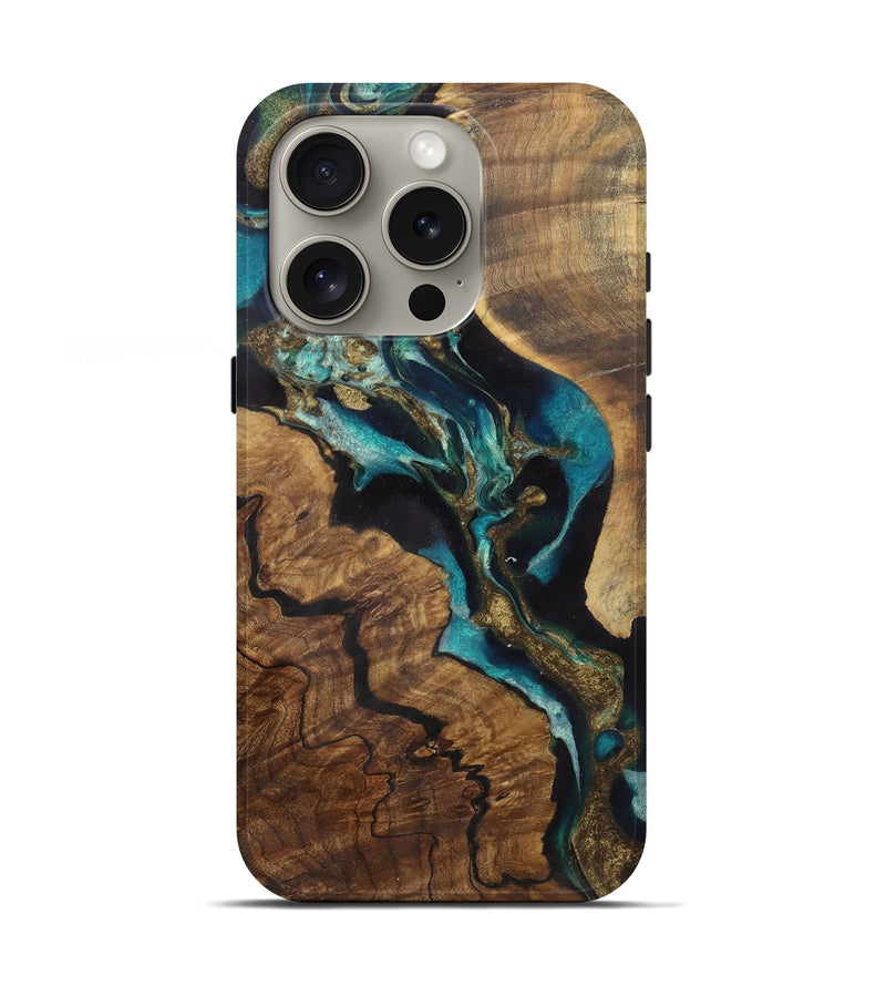 iPhone 16 Pro Wood Live Edge Phone Case - Dontae (Teal & Gold, 729499)