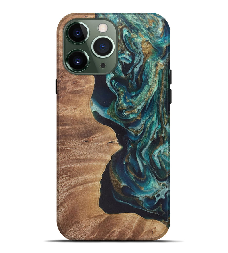 iPhone 13 Pro Max Wood Live Edge Phone Case - Deric (Teal & Gold, 729503)
