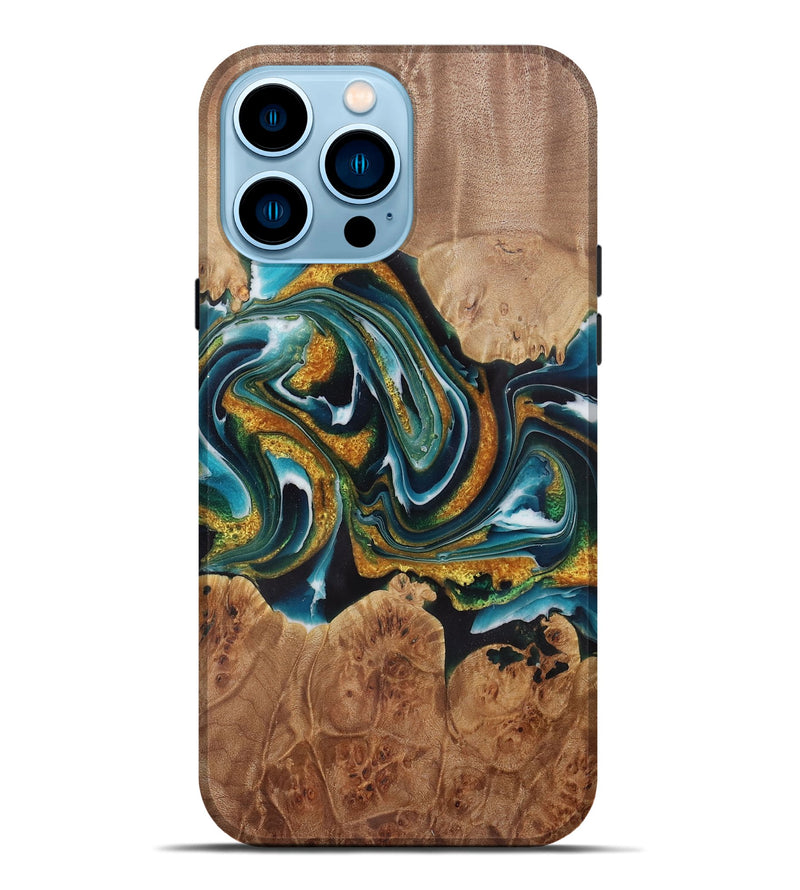 iPhone 14 Pro Max Wood Live Edge Phone Case - Myron (Teal & Gold, 729504)