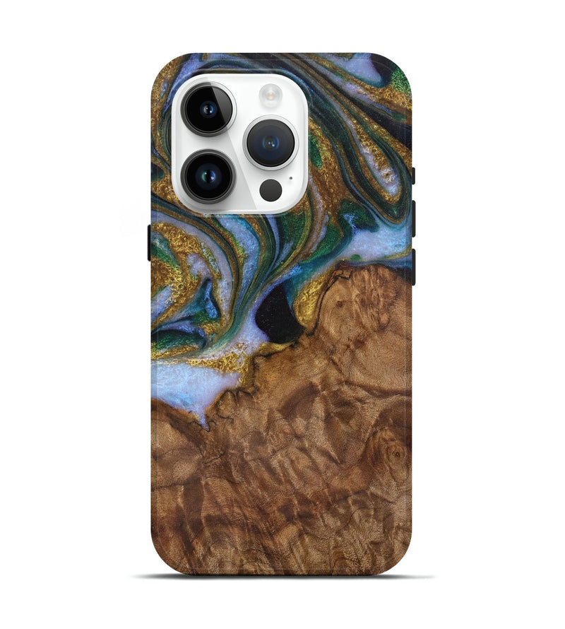 iPhone 15 Pro Wood Live Edge Phone Case - Bunny (Teal & Gold, 729505)