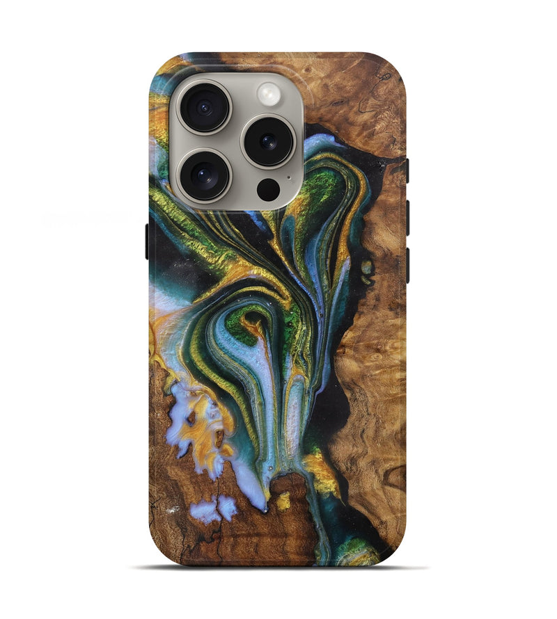 iPhone 16 Pro Wood Live Edge Phone Case - Narrima (Teal & Gold, 729506)
