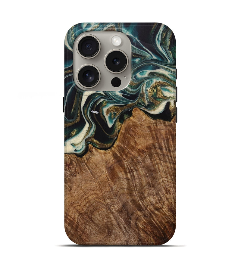 iPhone 16 Pro Wood Live Edge Phone Case - Mossie (Teal & Gold, 729509)