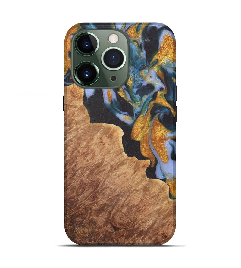 iPhone 13 Pro Wood Live Edge Phone Case - Laryssa (Teal & Gold, 729511)