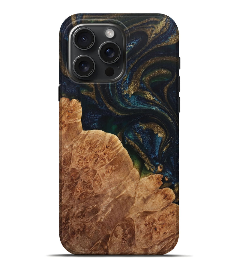 iPhone 16 Pro Max Wood Live Edge Phone Case - Junior (Teal & Gold, 729514)