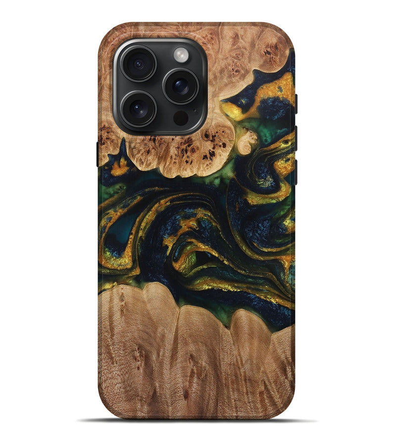 iPhone 16 Pro Max Wood Live Edge Phone Case - Estel (Teal & Gold, 729517)