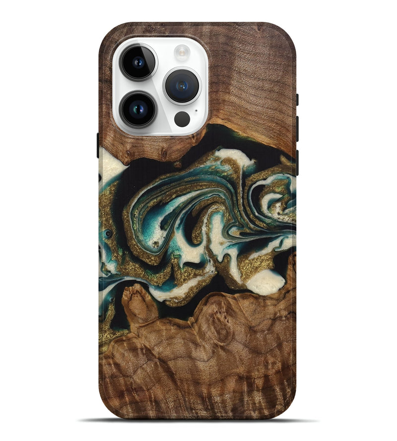 iPhone 15 Pro Max Wood Live Edge Phone Case - Pepi (Teal & Gold, 729521)