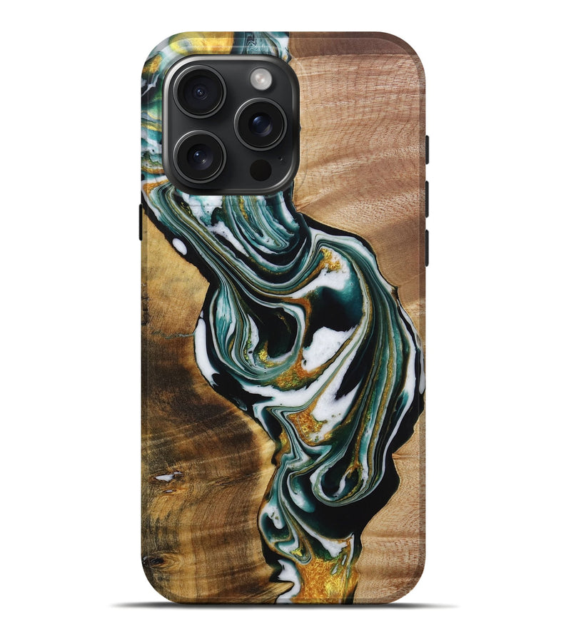 iPhone 16 Pro Max Wood Live Edge Phone Case - Naveen (Teal & Gold, 729522)