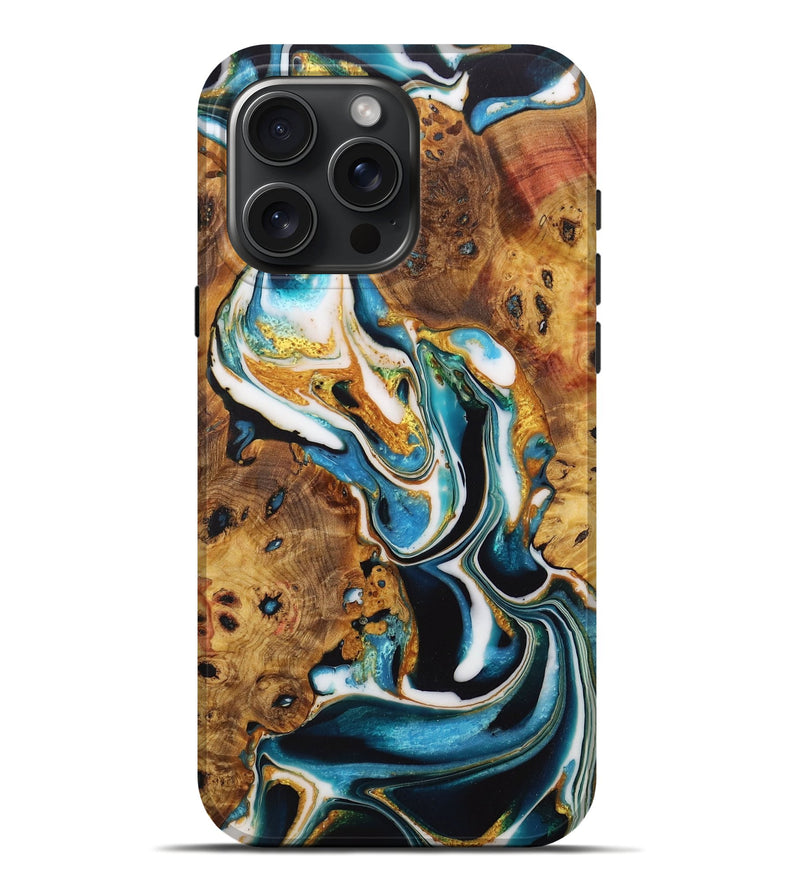 iPhone 16 Pro Max Wood Live Edge Phone Case - Alyce (Teal & Gold, 730337)