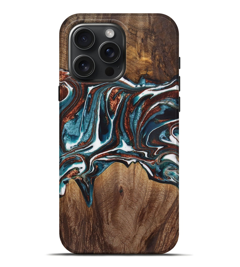 iPhone 16 Pro Max Wood Live Edge Phone Case - Ollie (Teal & Gold, 730343)