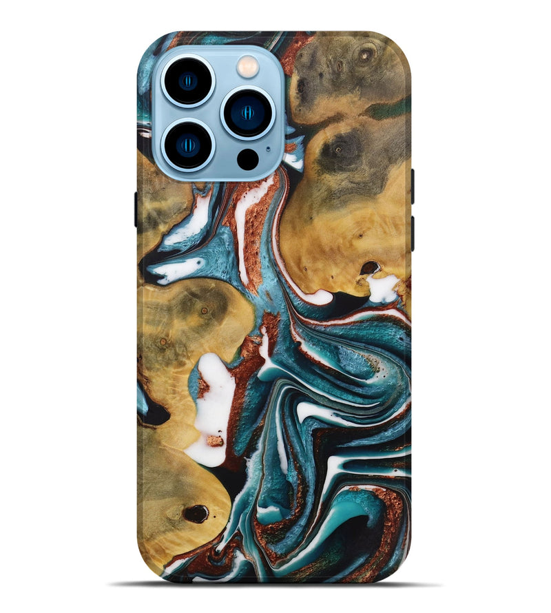 iPhone 14 Pro Max Wood Live Edge Phone Case - Tracy (Teal & Gold, 730347)