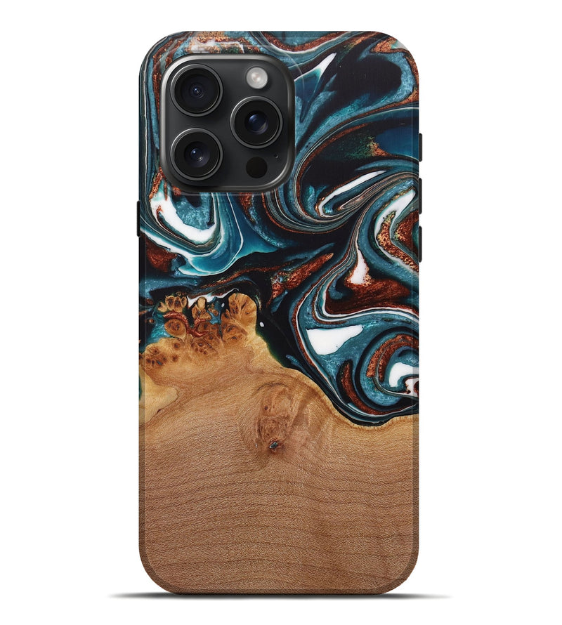 iPhone 16 Pro Max Wood Live Edge Phone Case - Ynez (Teal & Gold, 730351)