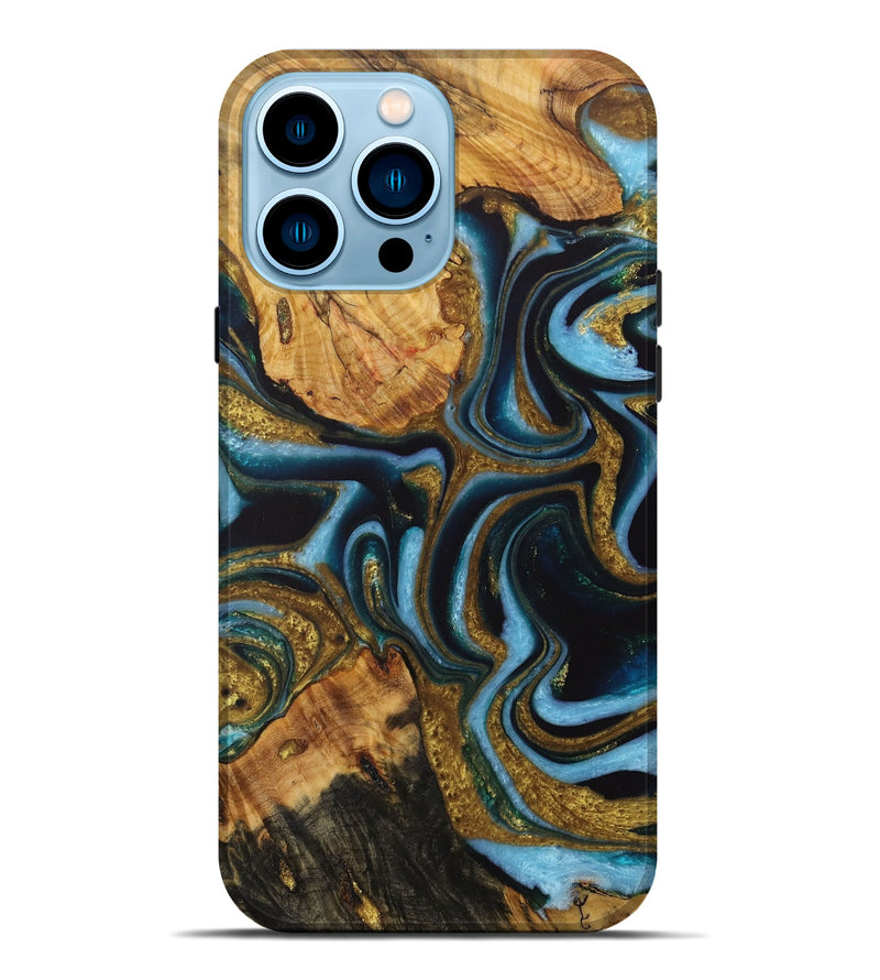 iPhone 14 Pro Max Wood Live Edge Phone Case - Anica (Teal & Gold, 730357)